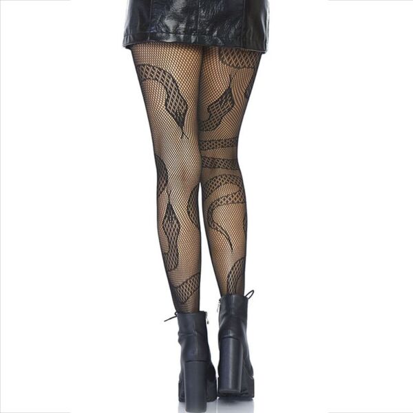 Mustat Leg Avenue Snake Net Tights -verkkosukkahousut, joissa on pitsikäärmeitä verkkokankaalla