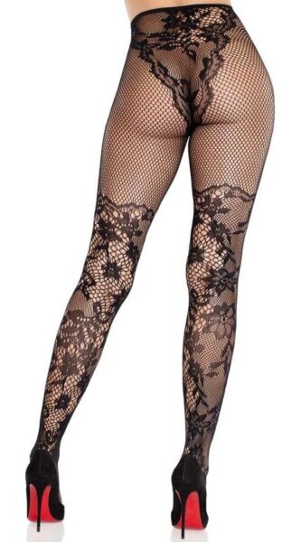Leg Avenue Dahlia Lace Tights -pitsisukkahousut mustana, kukkapitsiä ja verkkoa reisissä