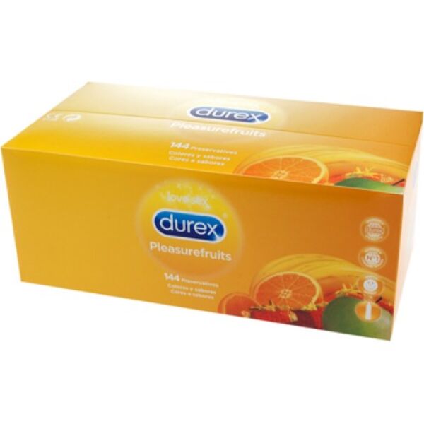 Pakkaus, jossa on 144 Durex Pleasure Fruits -makukondomia