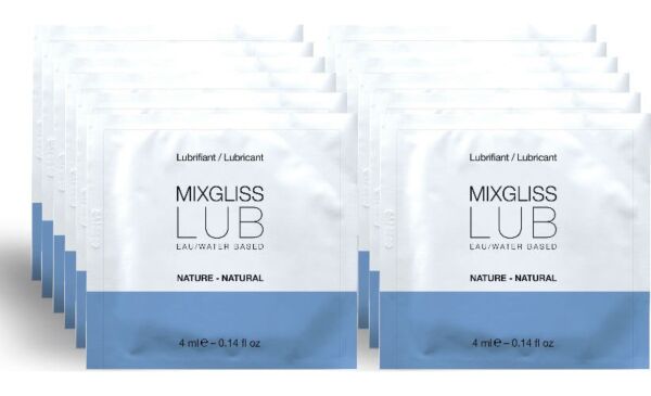 Pakkaus, jossa on 12 annospussia vesipohjaista Mixgliss Lub Natural -liukuvoidetta