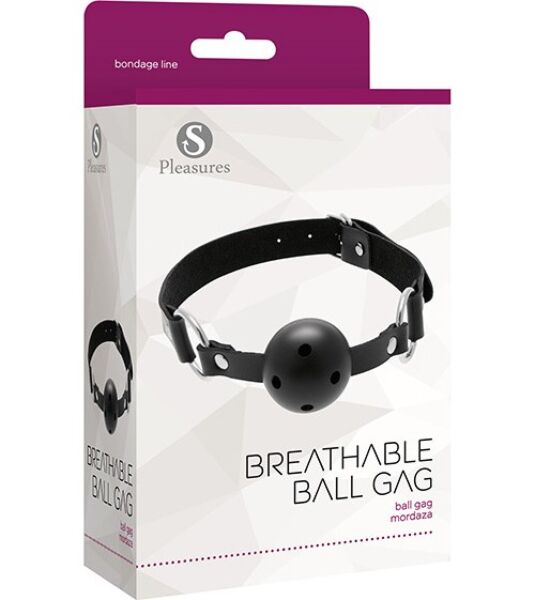 Musta S Pleasures Breathable Ball Gag -suukapula, jossa on reiällinen pallo, metallirenkaat ja soljellinen remmi