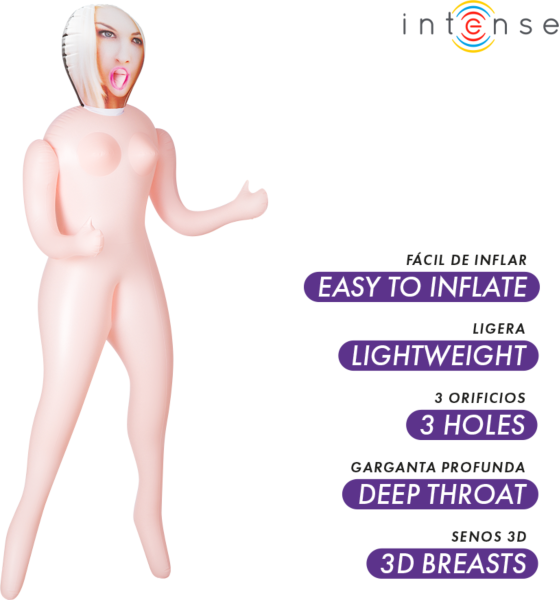 Ilmatäytteinen seksinukke Intense Dolls Irina kokovartalokuvassa, 3D-rinnat näkyvissä