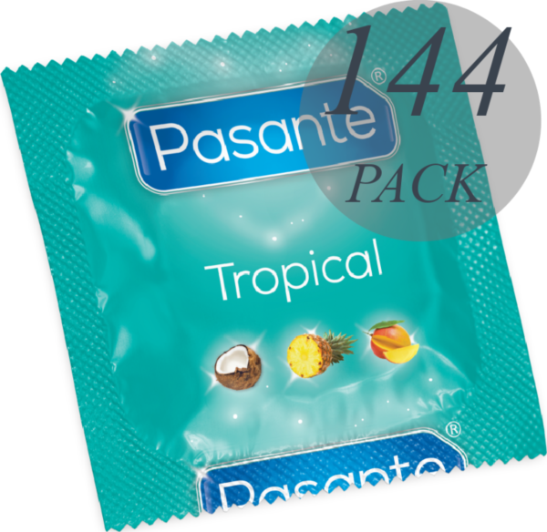 144 Pasante Tropical -kondomin pakkaus mango-, ananas- ja kookosmauilla