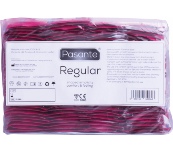 144 Pasante Regular -kondomin pakkaus