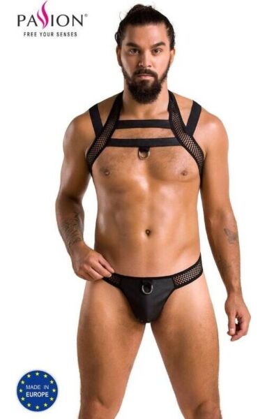 Miesten Passion 043 Set Jacob -alusasusetti: keinonahkainen ja verkkokankainen jockstrap ja olkavaljaat metallirenkailla