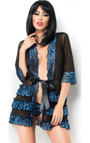 Chilirose CR 3837 -aamutakki sinisestä tyllistä, pitsireunukset ja satiinivyö