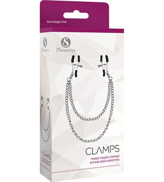 Hopeanväriset S Pleasures Metal Nipple Clamps -nännipuristimet, joita yhdistää ketju