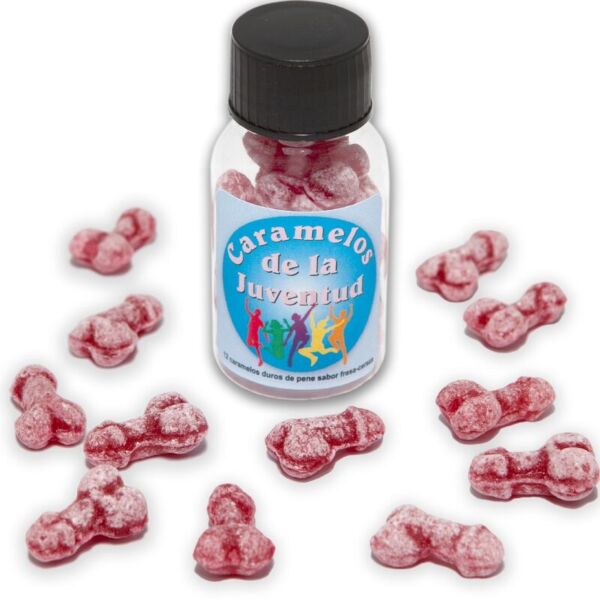 Diverty Sexin Diablo Picante -karkit, peniksen muotoiset, mansikan ja kirsikan makuiset, pakkauksessaan