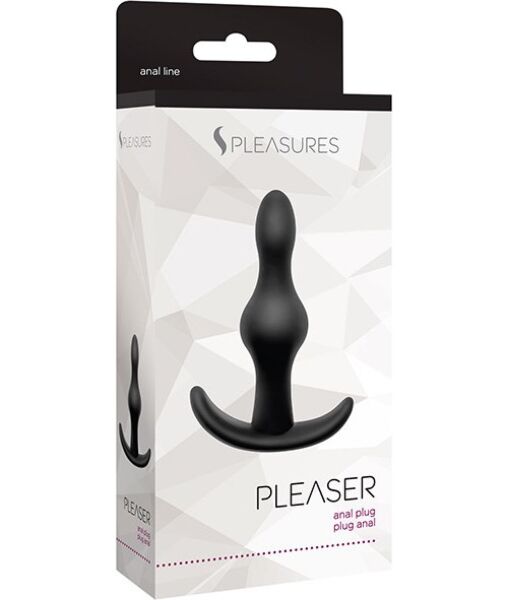 Musta S Pleasures Pleaser -anaalitappi, jossa on kaksi erikokoista palloa ja leveä kanta