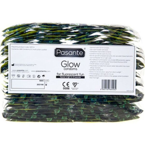 Pasante Glow 144 -kondomit, puoliläpinäkyvät ja pimeässä vihreinä hohtavat