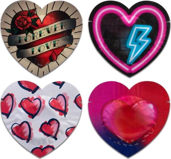 Pasante Red Heart Shape 144 -kondomit, punaiset ja sydämenmuotoisissa pakkauksissa