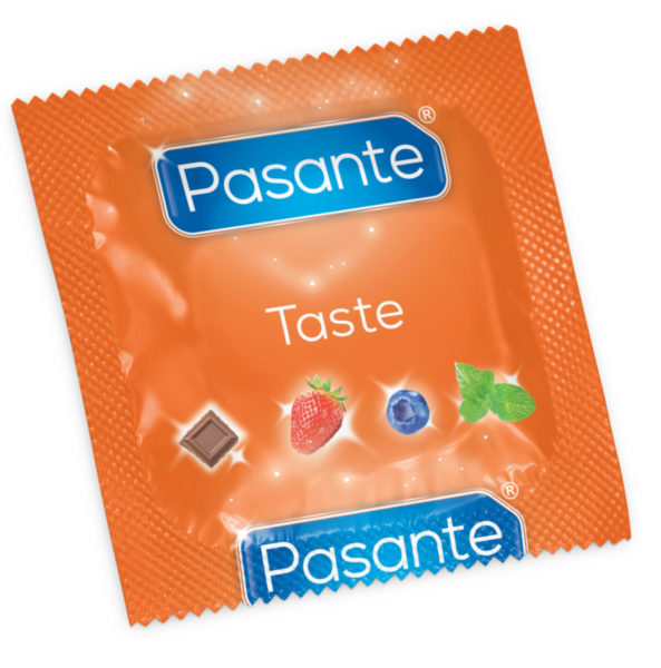 144 maustetun Pasante Taste -kondomin pakkaus