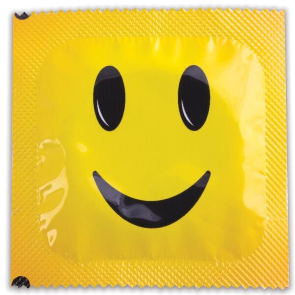 Pussi, jossa on 144 hymiökuvioista Pasante Smiley -kondomia