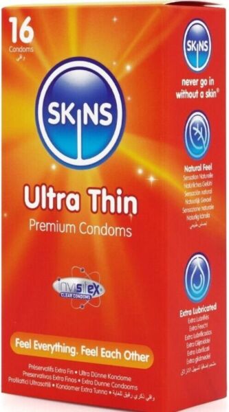 Skins Ultra Thin 16-pakkauksen kondomirasia ja yksittäispakkaukset