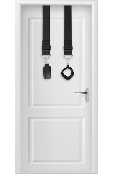 Oveen kiinnitettävät käsiraudat Darkness Bondage Door Cuffs, kaksi akryyliputkea, nailonhihnat ja kaksi rannemansettia