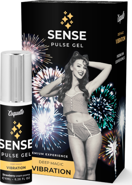 Nestemäinen vibraattori Coquette Chic Desire Sense Pulse Gel pakkauksessaan suihkepäällä