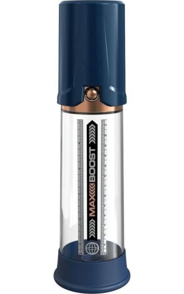 Pump Worx Max Boost -penispumppu, jossa on läpinäkyvä mitta-asteikollinen putki ja sisäänrakennettu mäntä