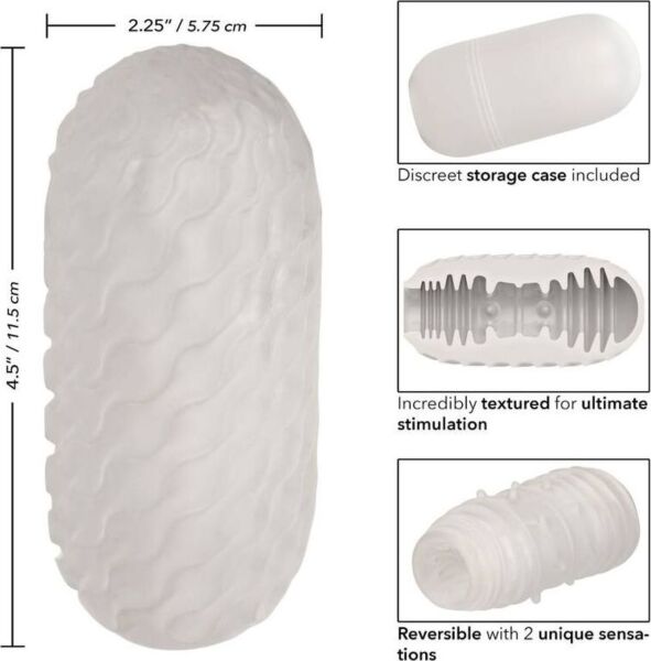 Valkoinen masturbaattori CalExotics Boundless Reversible Ribbed Stroker ja sen kotelo