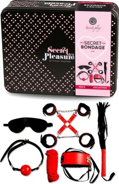 Secret Playn Secret Bondage punainen ja musta bondage-setti keinonahkaosineen ja köysineen
