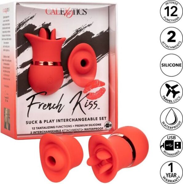 Punainen CalExotics French Kiss Suck & Play Set -klitoriksen imulaite ja sen kaksi vaihtopäätä