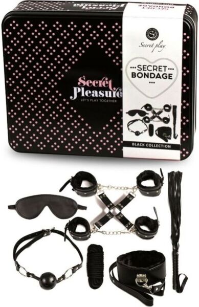 Secret Play Secret Bondage 8 osan musta BDSM-setti, jossa raudat, raipka, palloside, silmämaski, kaulapanta ja köysi
