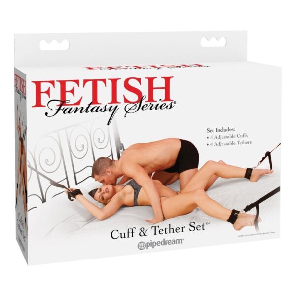 Bondage-setti Pipedream Fetish Fantasy Cuff & Tether Set, jossa ranne- ja nilkkakahleet sekä nailonnarut
