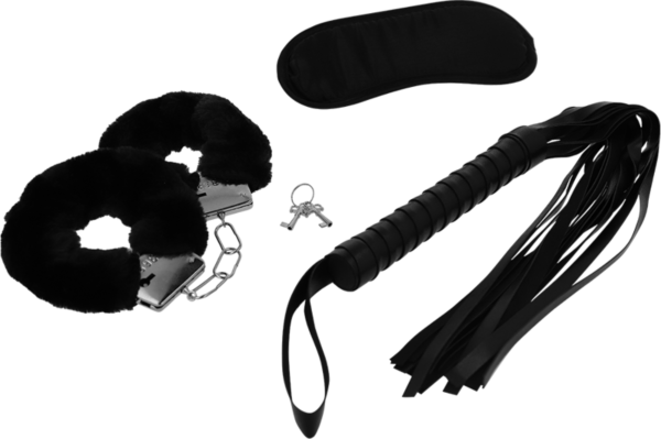Intense Fetish bondage-setti, jossa käsiraudat, silmänaamio ja ruoska