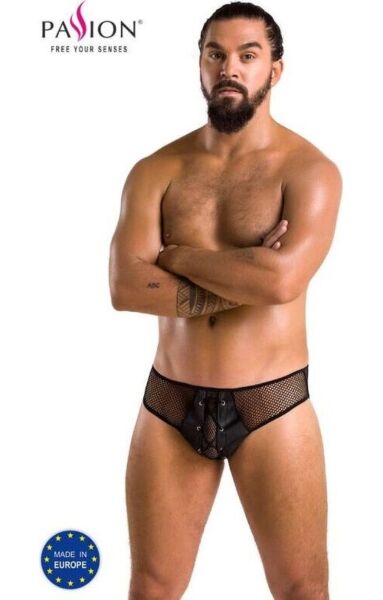 Miesten Passion Richard -slip-alushousut, joissa on verkkokangasta, mustaa tekonahkaa ja nyöritys edessä