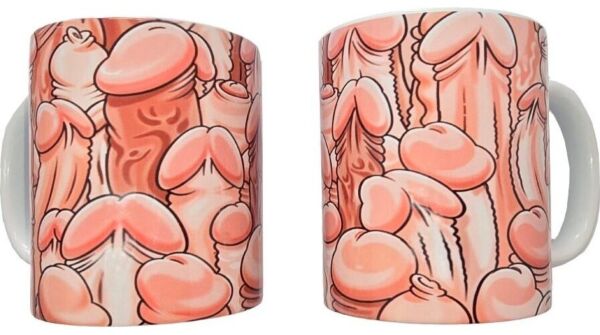 Keraaminen Diablo Picante Color Penis Mug -muki, jossa on värikkäitä peniskuvia ja valkoinen kahva