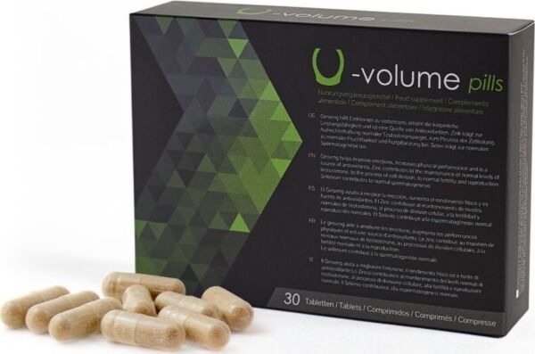 Ravintolisän 500Cosmetics U-Volume Pills pakkaus ja tabletit