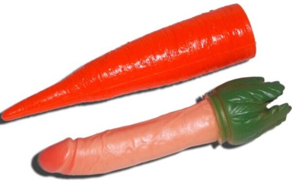 Diablo Picante Penis Carrot -pilailutuote, muoviporkkana, jonka sisällä on yllätyksenä penis