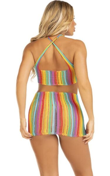 Leg Avenue Technicolor Dream -minimekko sateenkaariraidoilla, halter-kaulus ja ristikkäiset olkaimet