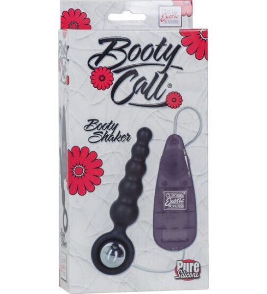 Musta CalExotics Booty Call Booty Shaker Black, jossa on porrastettu anaalitappi, pyöreä kahva, luotivibraattori ja johdollinen ohjain