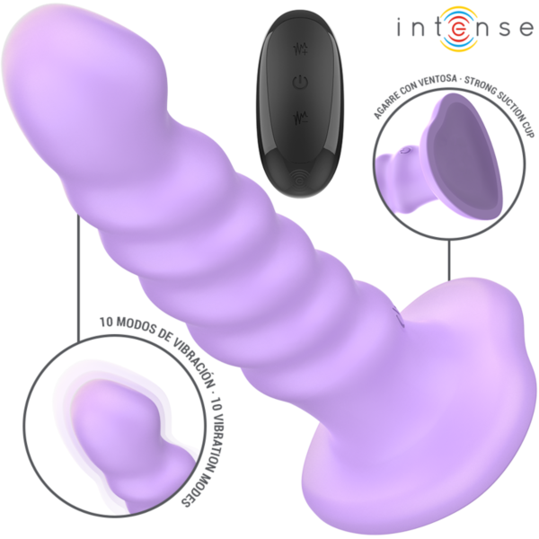 Violetti Intense Brenda -vibraattori, jossa on imukuppipohja ja kaukosäädin