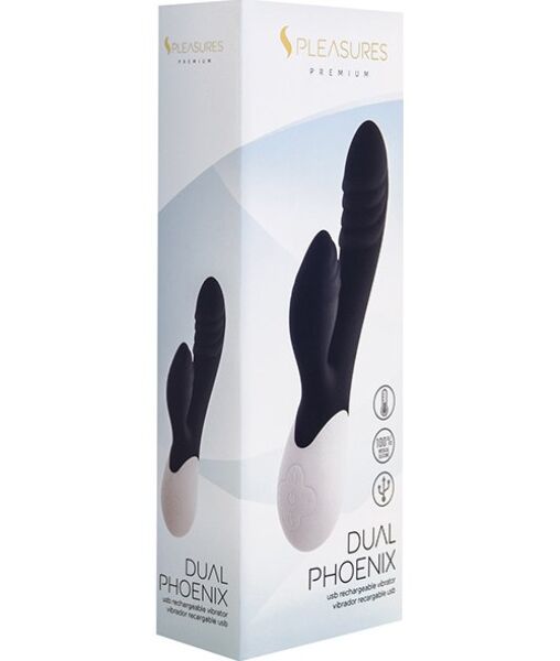 Musta S Pleasures Dual Phoenix rabbit-vibraattori ja sen klitorista stimuloiva varsi