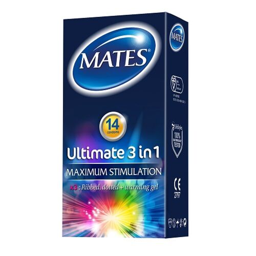 Kondomi Mates Ultimate 3 in 1 Lämmittävällä geelillä