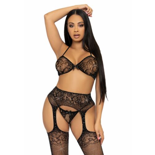 Lingerie Leg Avenue Set Kolme Osaa - Pitsinen Rintaliivit, Tanga ja Sukat