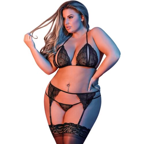Alusvaatteet BRA GARTER & G-SET BLACK L/XL kolmiosainen setti
