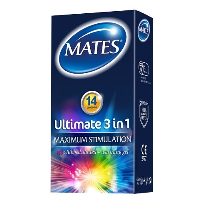 Kondomi Mates Ultimate 3 in 1 Lämmittävällä geelillä Kondomi Mates Ultimate 3 in 1 Lämmittävällä geelillä