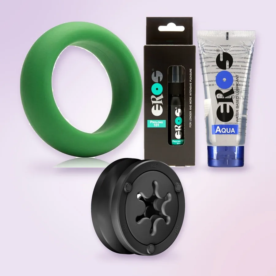 Fun Factory IKU FLEX -masturbaattori, Je Joue -rengas, Eros Prolong 101 -suihke ja EROS Aqua -liukuvoide