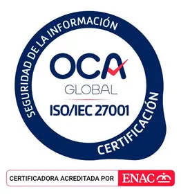 OCA:n sertifiointimerkki standardille ISO/IEC 27001, ENAC-akkreditoitu